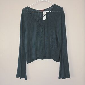 NWT Red by BKE Green Shirt Size Large Bell Sleeve Crisscross Neck Sheer